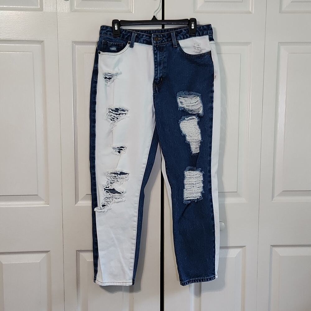 American Bazi Women's Dark Blue & White Distressed Straight Leg Jeans Size 32